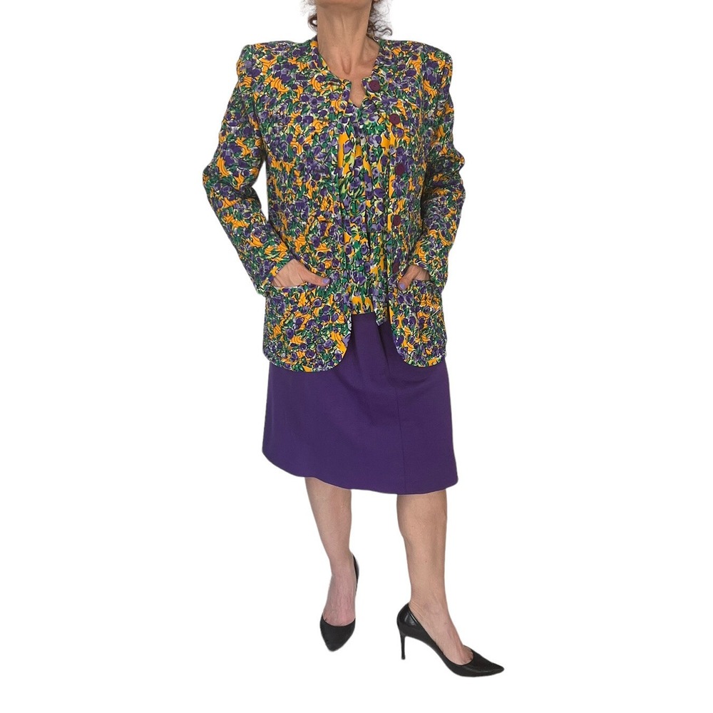 VINTAGE‎ OSCAR DE LA RENTA FLORAL SUIT YELLOW PURPLE BLOUSE JACKET SKIRT 8-10